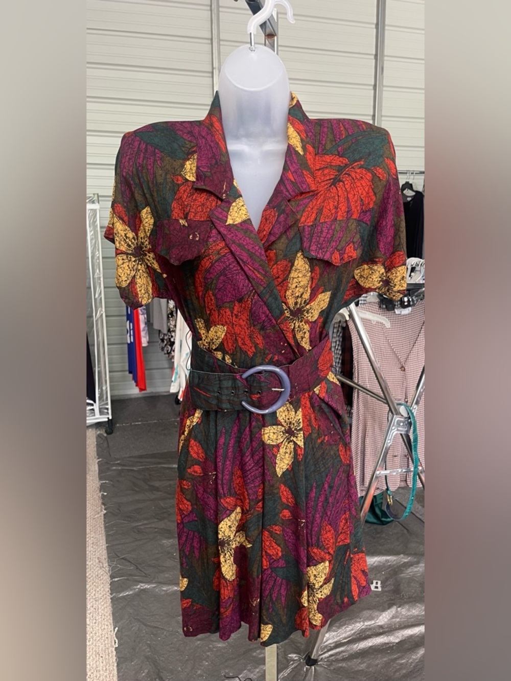 Vintage - Floral Belted Jumpsuit in Burgundy and Olive